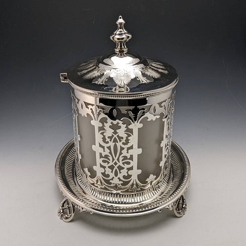 Late Victorian British Antique Silver Plated Biscuit Barrel with Glass Inner